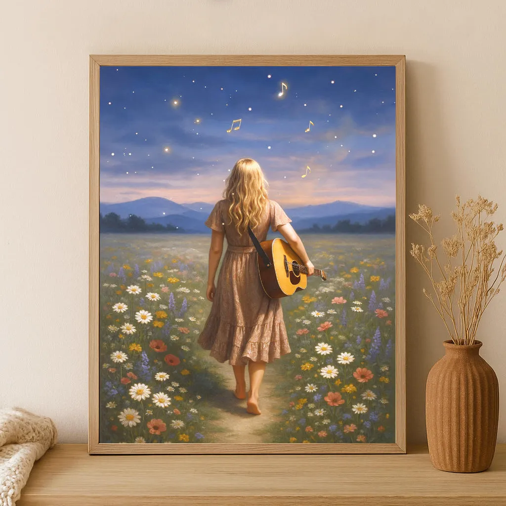 boho fine art print guitar and wildflower field starry sky over mountains
